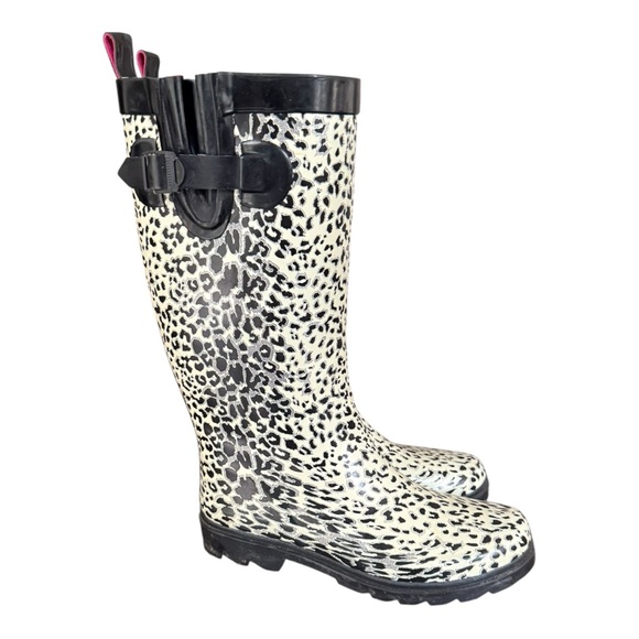 Capelli of New York Leopard Print Rain Winter Boots Tall BootsBlack Cream Size 8 - Picture 1 of 14